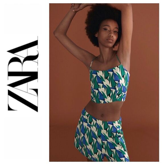 NWT Zara Celeb Style Blogger’s Favorite Printed Linen Blend Crop Top, Size XS - Picture 1 of 14